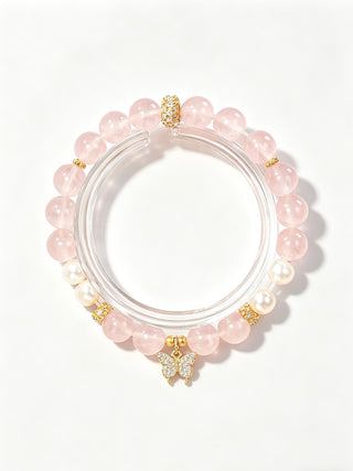 Butterfly Love Crystal Bracelet - Rose Quartz & Pearl Bracelet - SoulVibeCo
