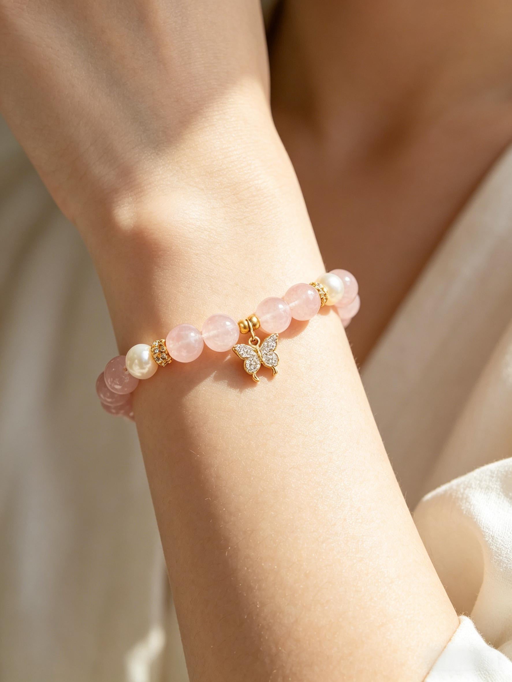 Butterfly Love Crystal Bracelet - Rose Quartz & Pearl Bracelet - SoulVibeCo
