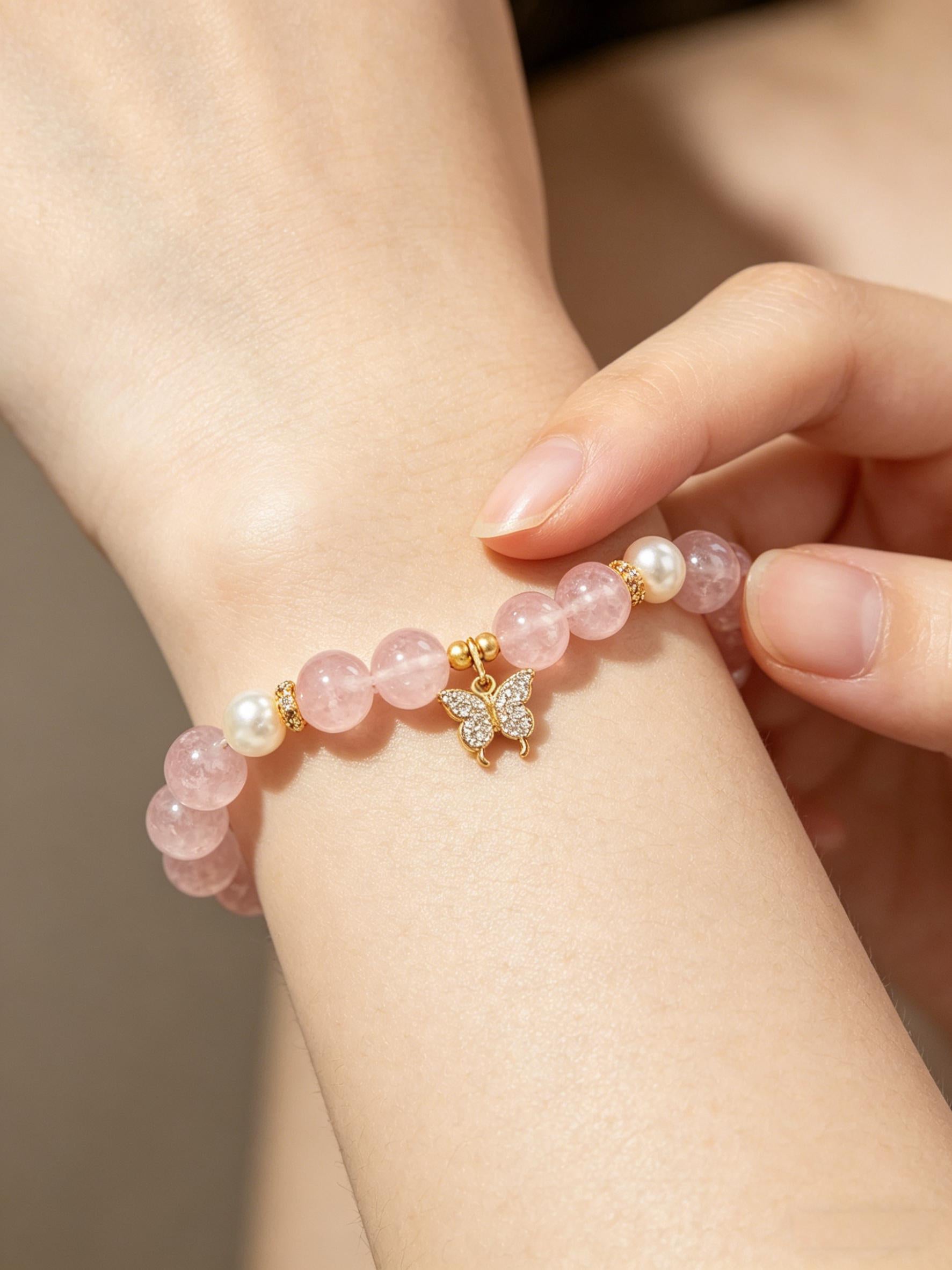 Butterfly Love Crystal Bracelet - Rose Quartz & Pearl Bracelet - SoulVibeCo
