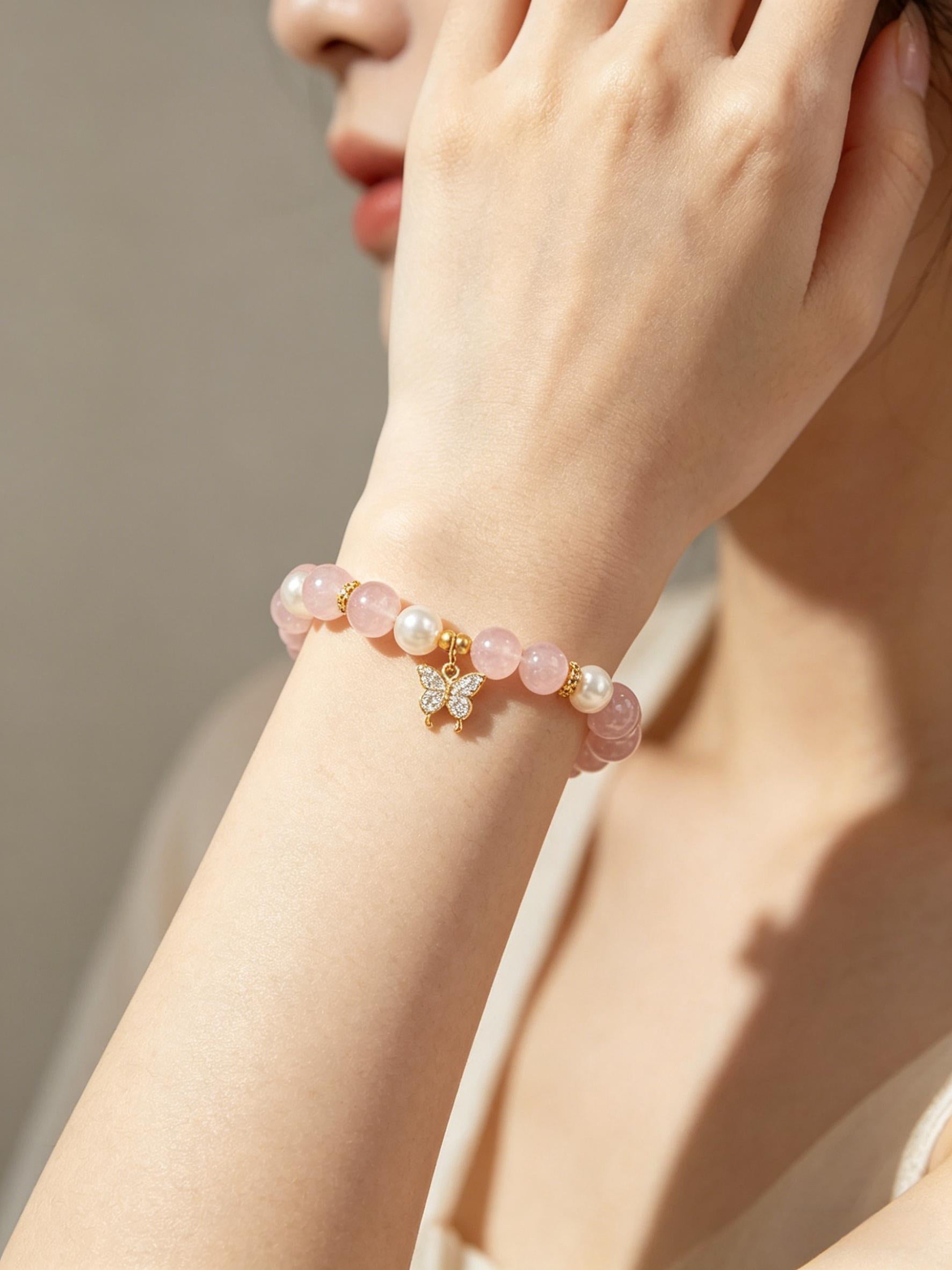 Butterfly Love Crystal Bracelet - Rose Quartz & Pearl Bracelet - SoulVibeCo
