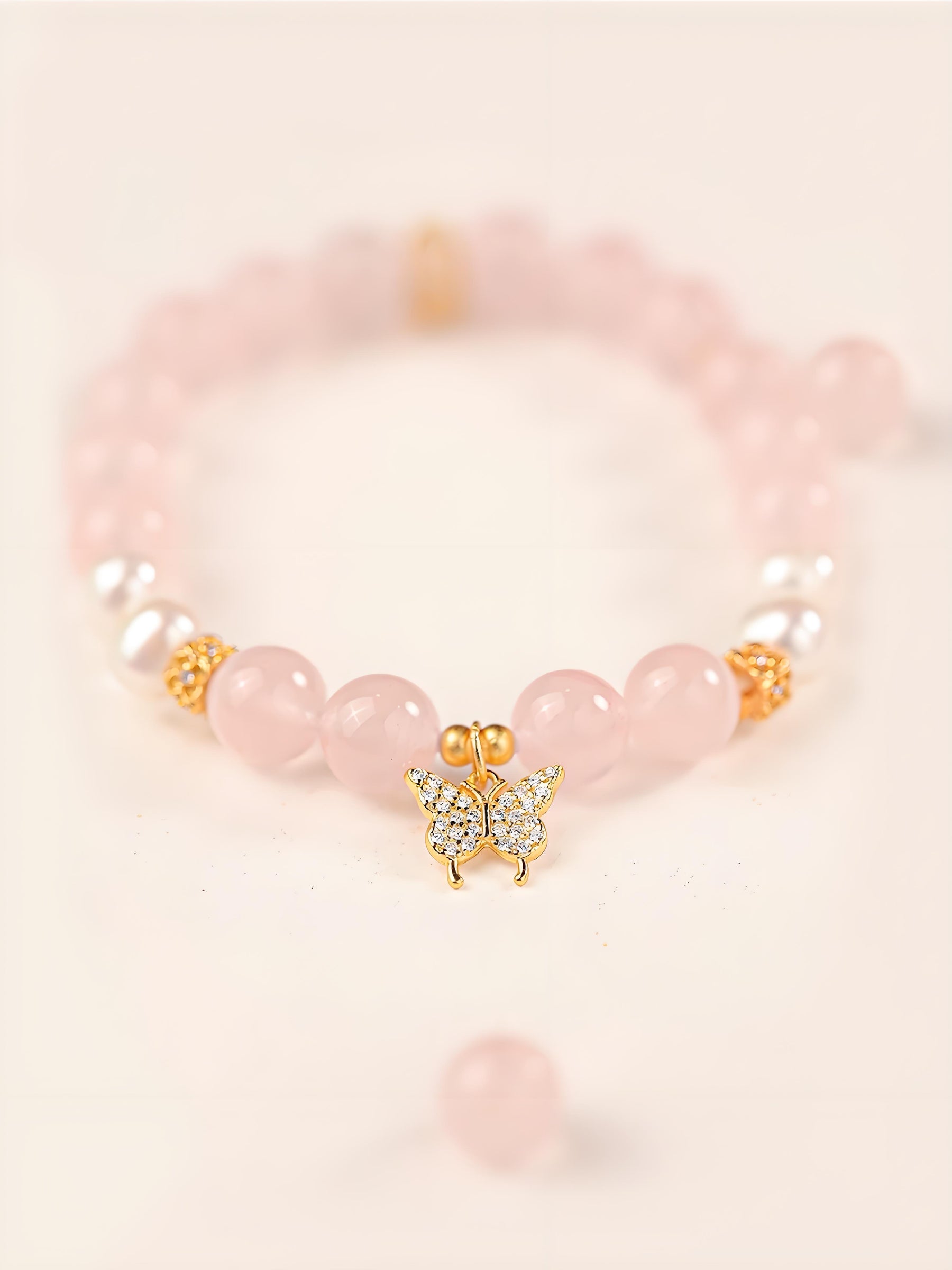 Butterfly Love Crystal Bracelet - Rose Quartz & Pearl Bracelet - SoulVibeCo
