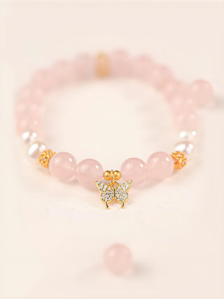 Butterfly Love Crystal Bracelet - Rose Quartz & Pearl Bracelet - SoulVibeCo
