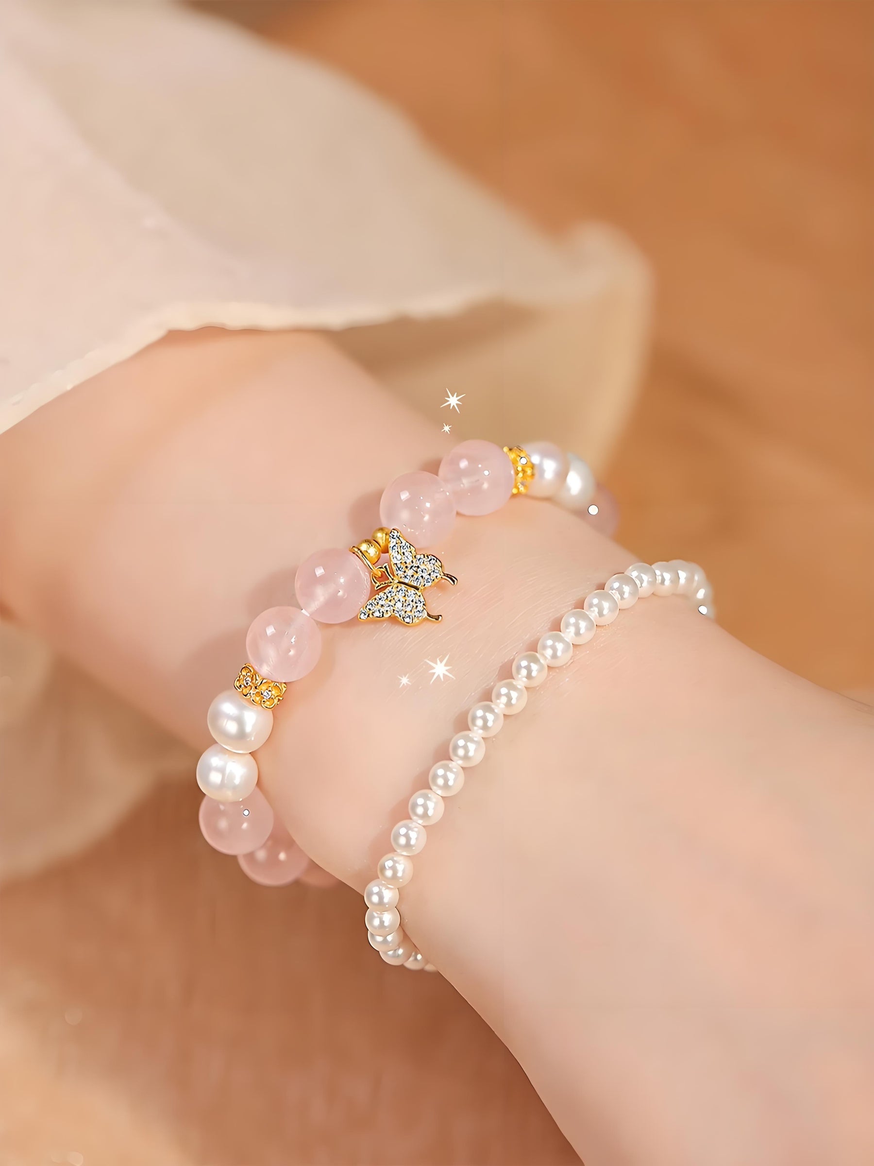 Butterfly Love Crystal Bracelet - Rose Quartz & Pearl Bracelet - SoulVibeCo
