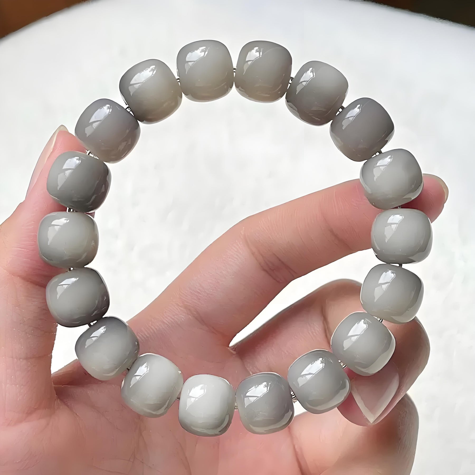 close-up showing organic Bodhi seed texture and bead detail